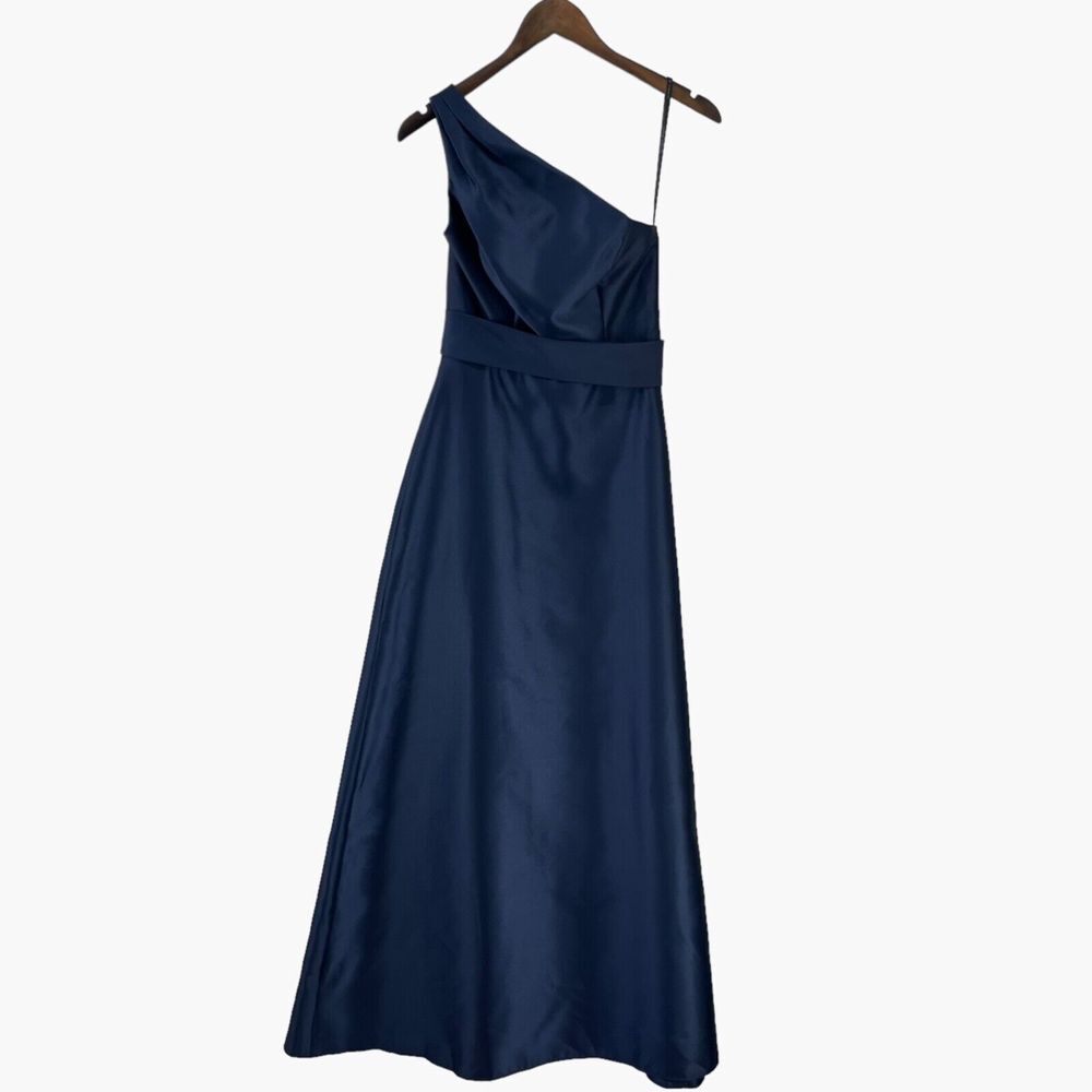 Alfred Sung Draped One Shoulder Satin Maxi Dress in Midnight Navy Blue Sz 2 D815 - Picture 3 of 9